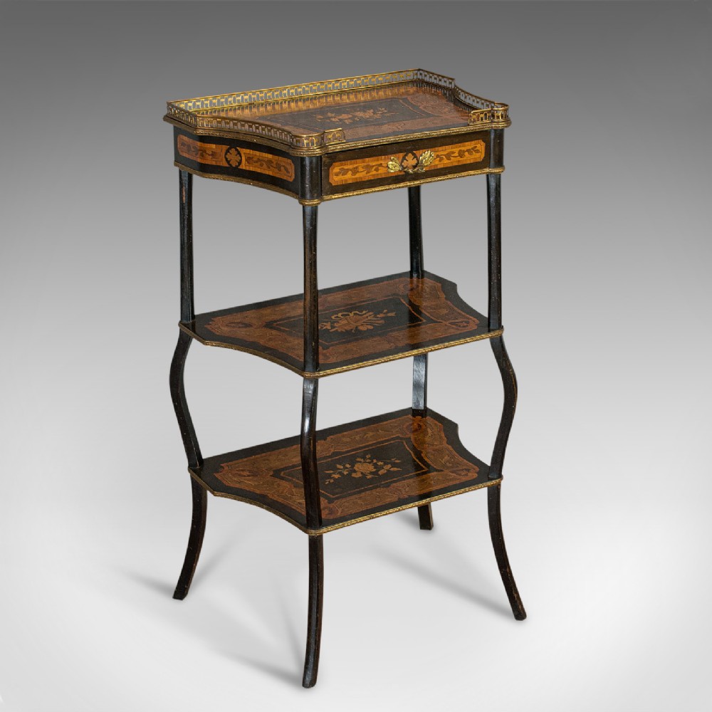 Antique Etagere, Italian, Mahogany, Boxwood, 3 Tier Whatnot, Victorian, C.1900