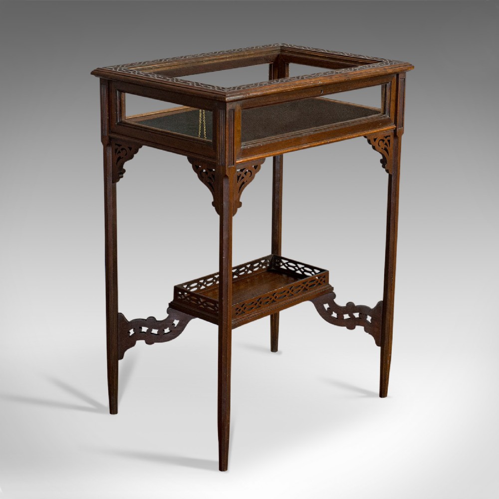 Antique Bijouterie Table, English, Walnut, Glass, Display, Edwardian, Circa 1910