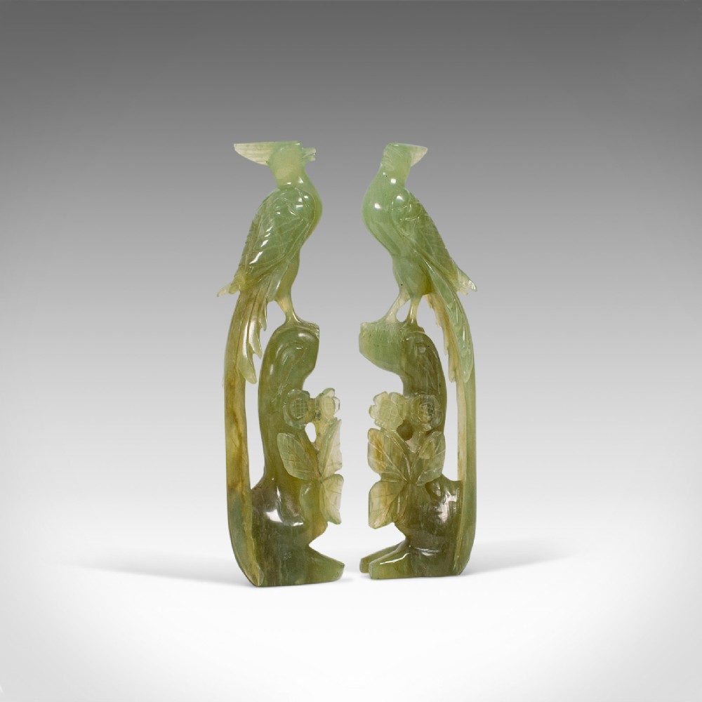 Pair of, Antique Carved Figures, Oriental, Jade, Bird of Paradise, Victorian