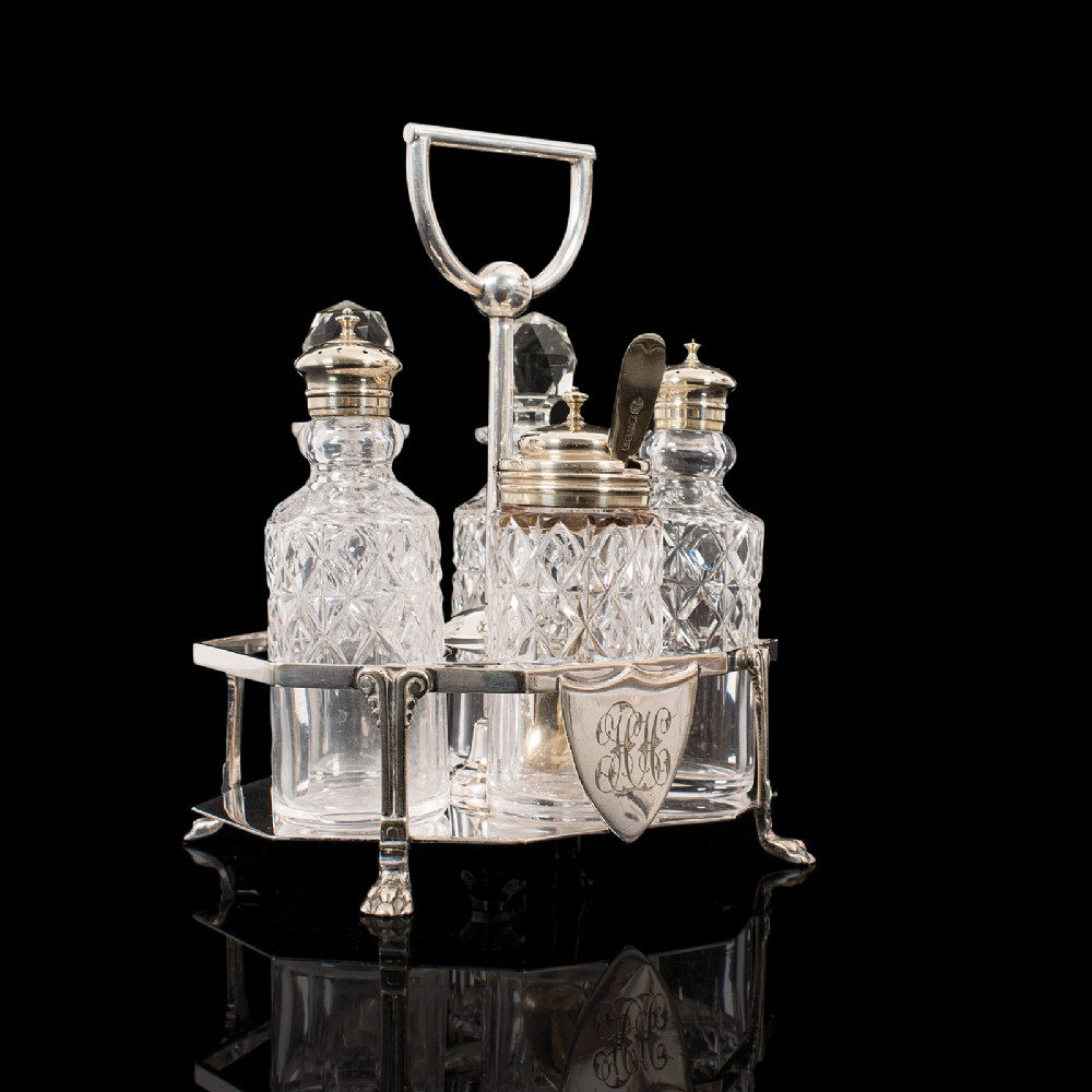 Antique Condiment Serving Set, English, Silver Plate, Table, Ashbury, Edwardian