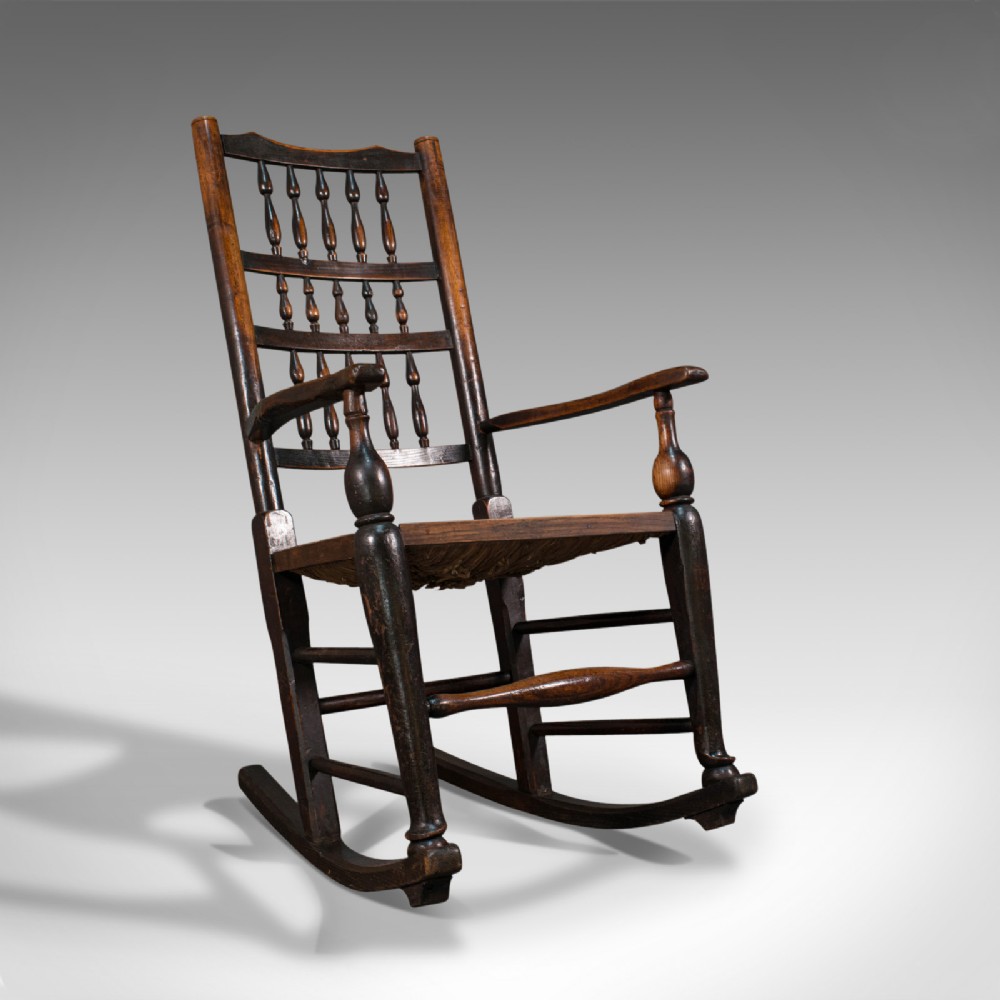 Antique Lancashire Rocking Chair, English, Ash, Spindle Back, Seat, Georgian