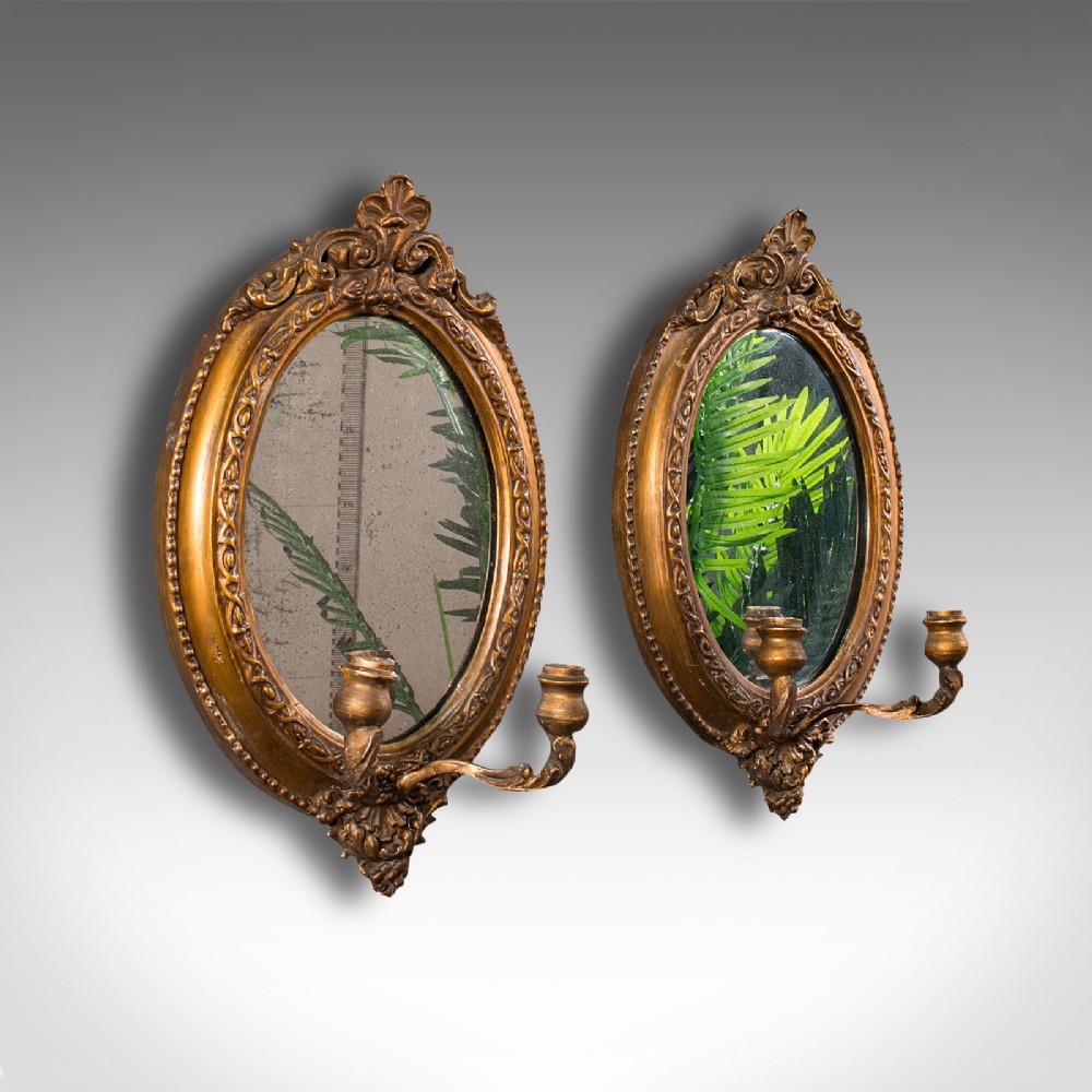 Pair of Antique Girandole Mirrors, English, Giltwood, Ovall, Wall, Regency, 1820