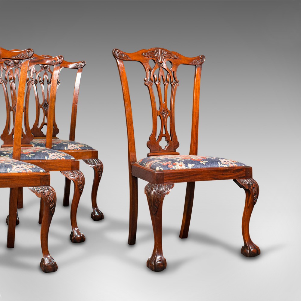 4 Antique Dining Chairs, English, Mahogany, Seat, After Chippendale, Victorian