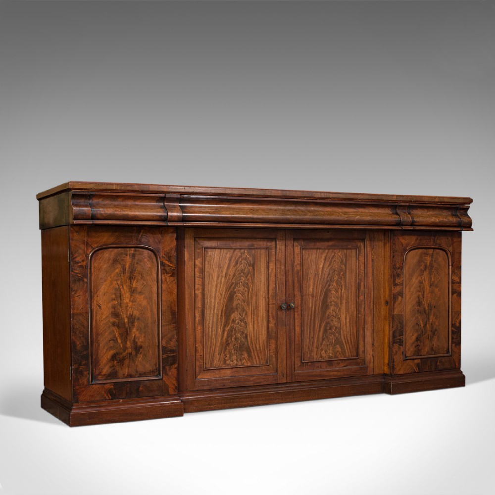 Large Antique Breakfront Sideboard, English, Mahogany, Flame, Cabinet, Victorian