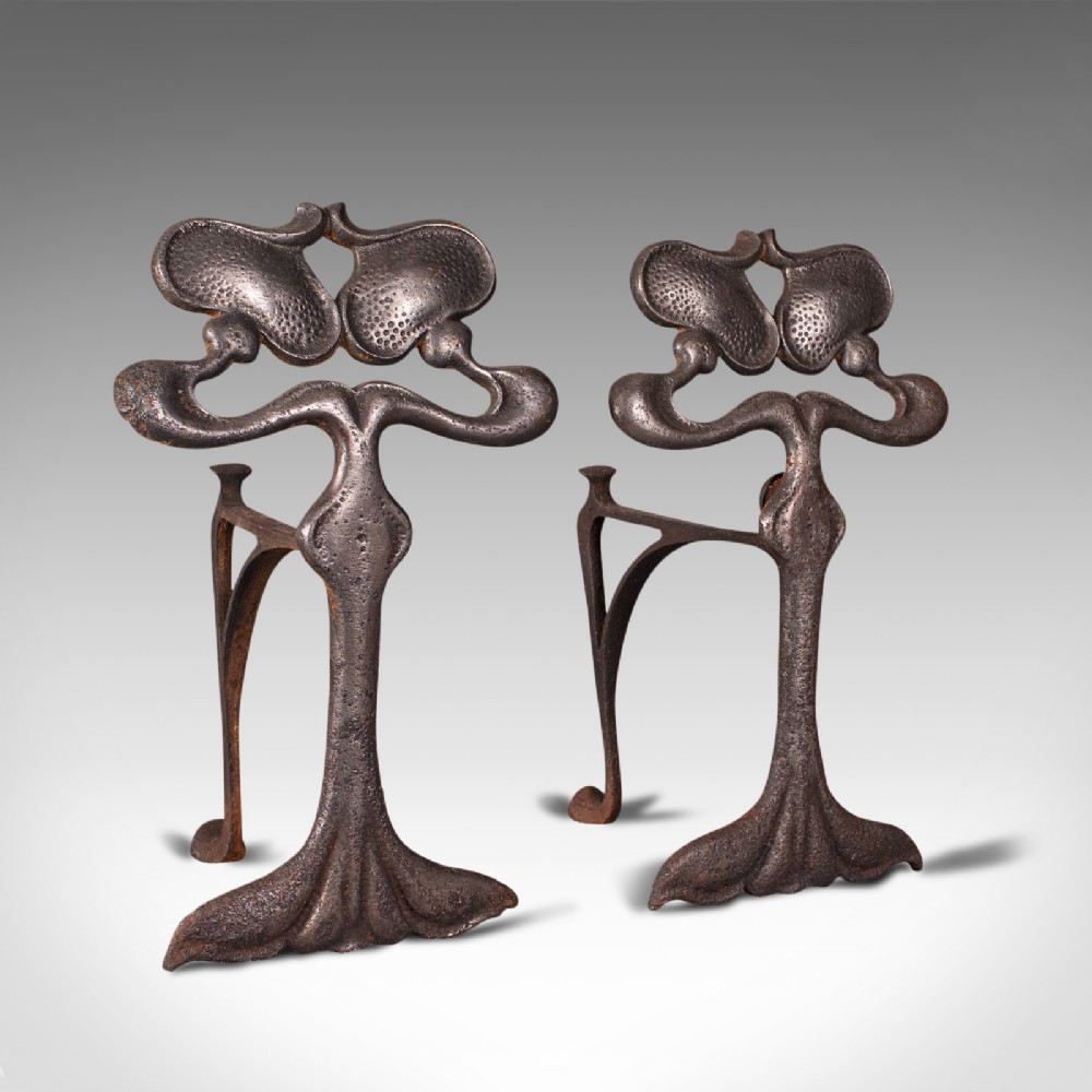 Pair Of Antique Andirons, French, Iron, Fire Dogs, Tool Rest, Art Nouveau, 1900