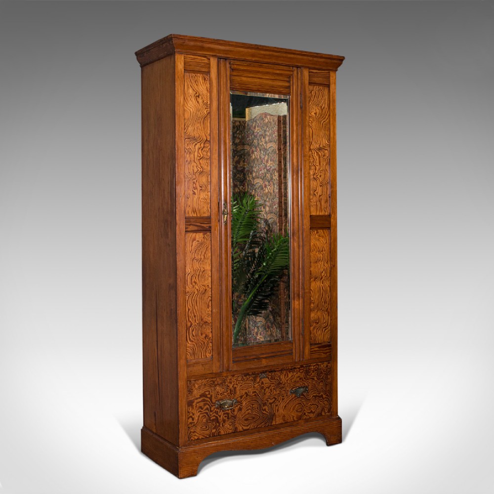 Antique Wardrobe, English, Pitch Pine, Closet, Dressing Mirror, Victorian, 1900