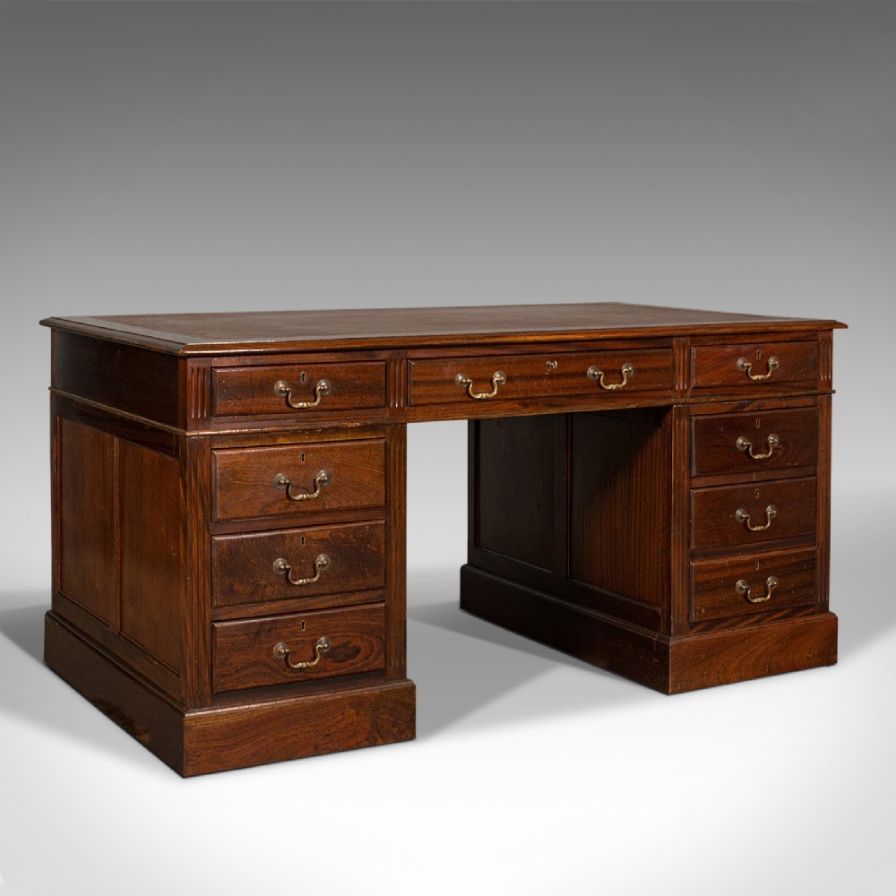 Antique Partner's Desk, English, Mahogany, Leather, Writing Table, Edwardian