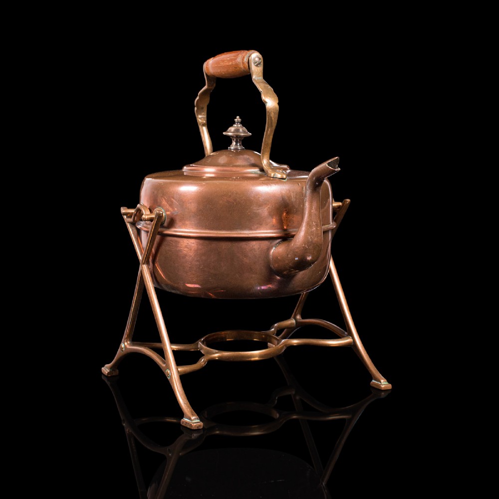 Antique Spirit Kettle, English, Copper, Brass, Teakettle, Stand, Victorian, 1900