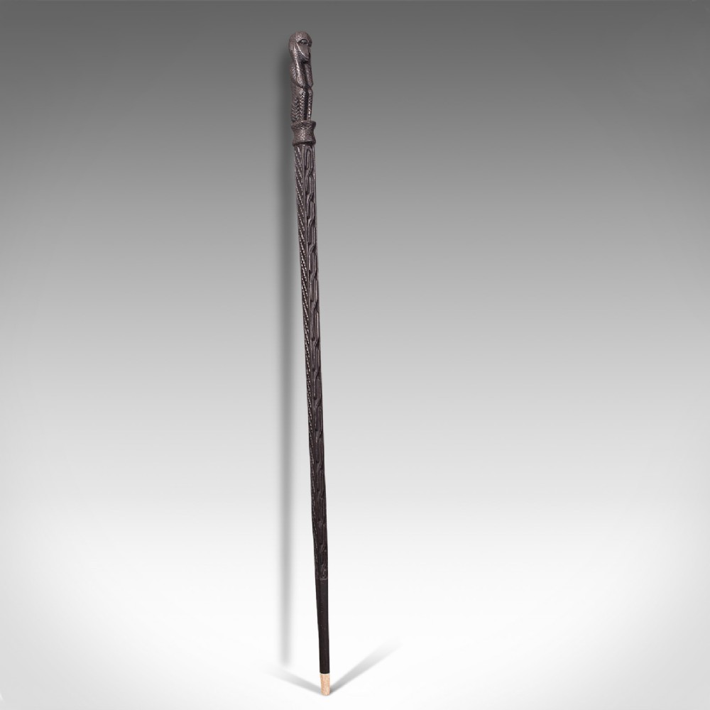Antique Gentleman's Club Cane, English, Ebony, Carved Walking Stick, Victorian