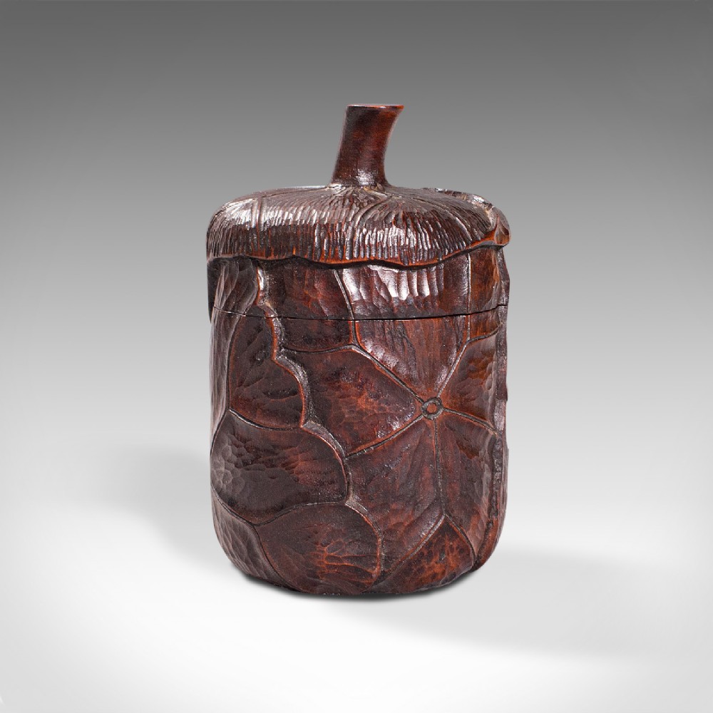 Small Antique Lidded Pot, Oriental, Chinese Elm, Carved Treen, Victorian, C.1900