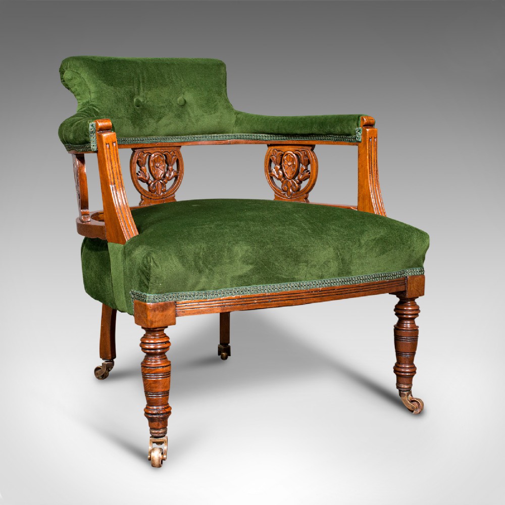 Antique Tub Chair, English, Velvet, Mahogany, Elbow, Seat, Edwardian, Circa 1910