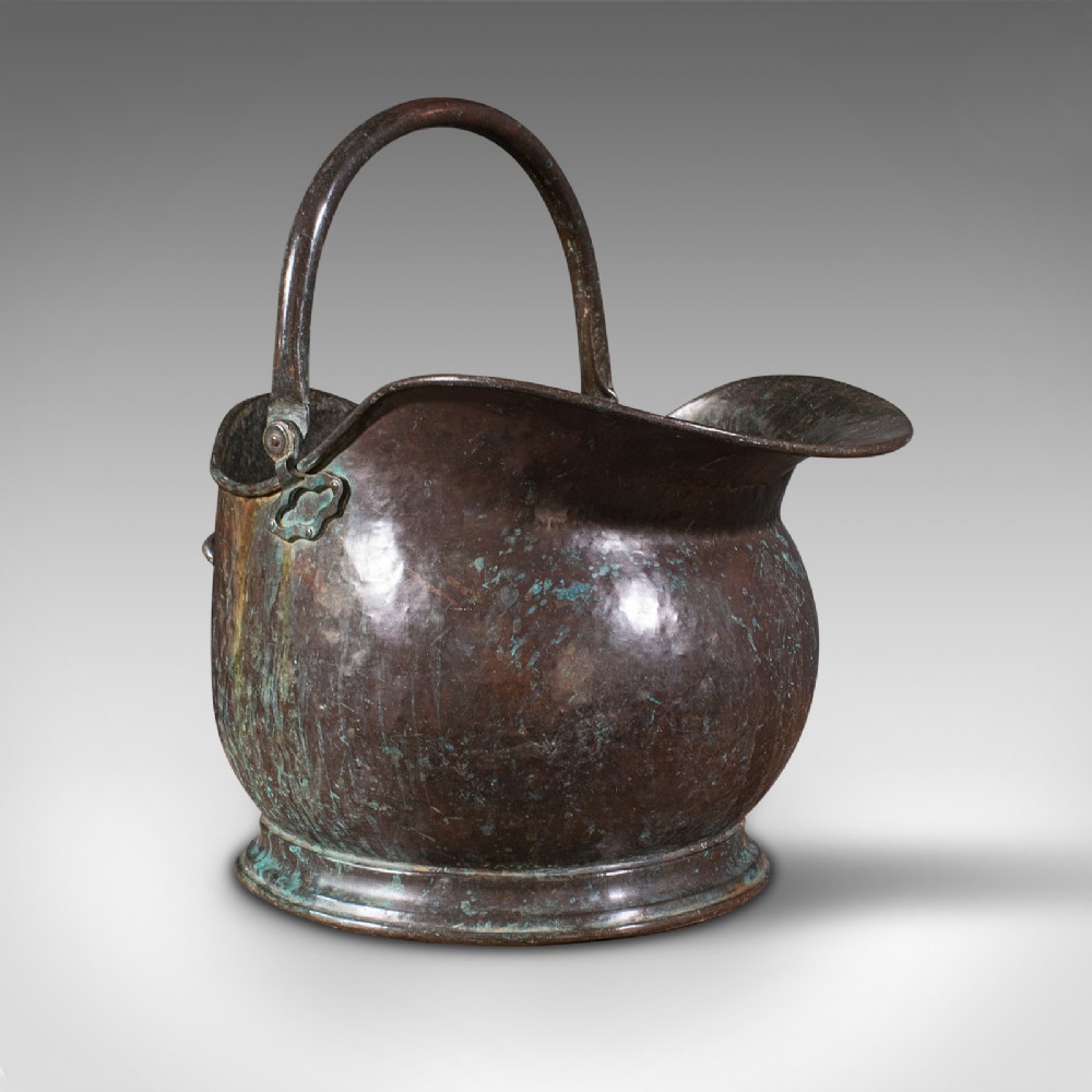 Large Antique Coal Bucket, English, Weathered Copper, Fireside Scuttle, Georgian