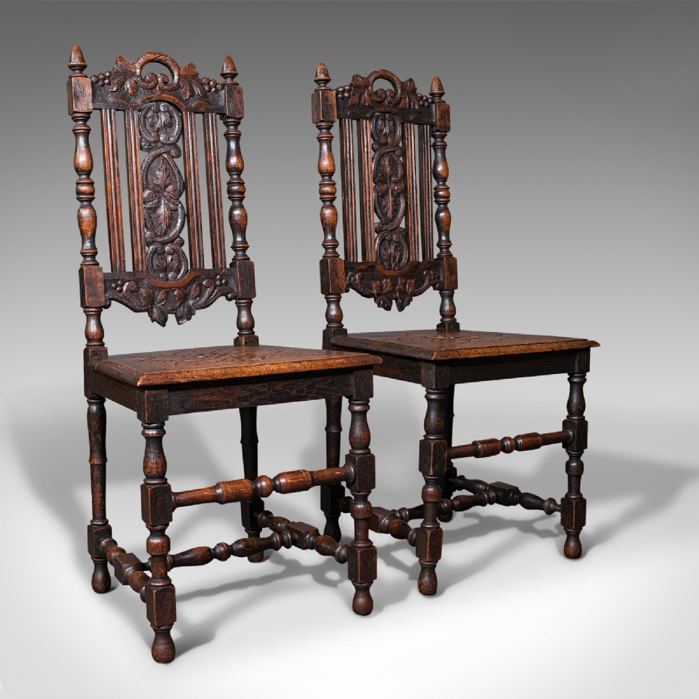 Antique Carved Hall Chairs, Pair of, Scottish, Oak, Decorative, Side Seat, Victorian