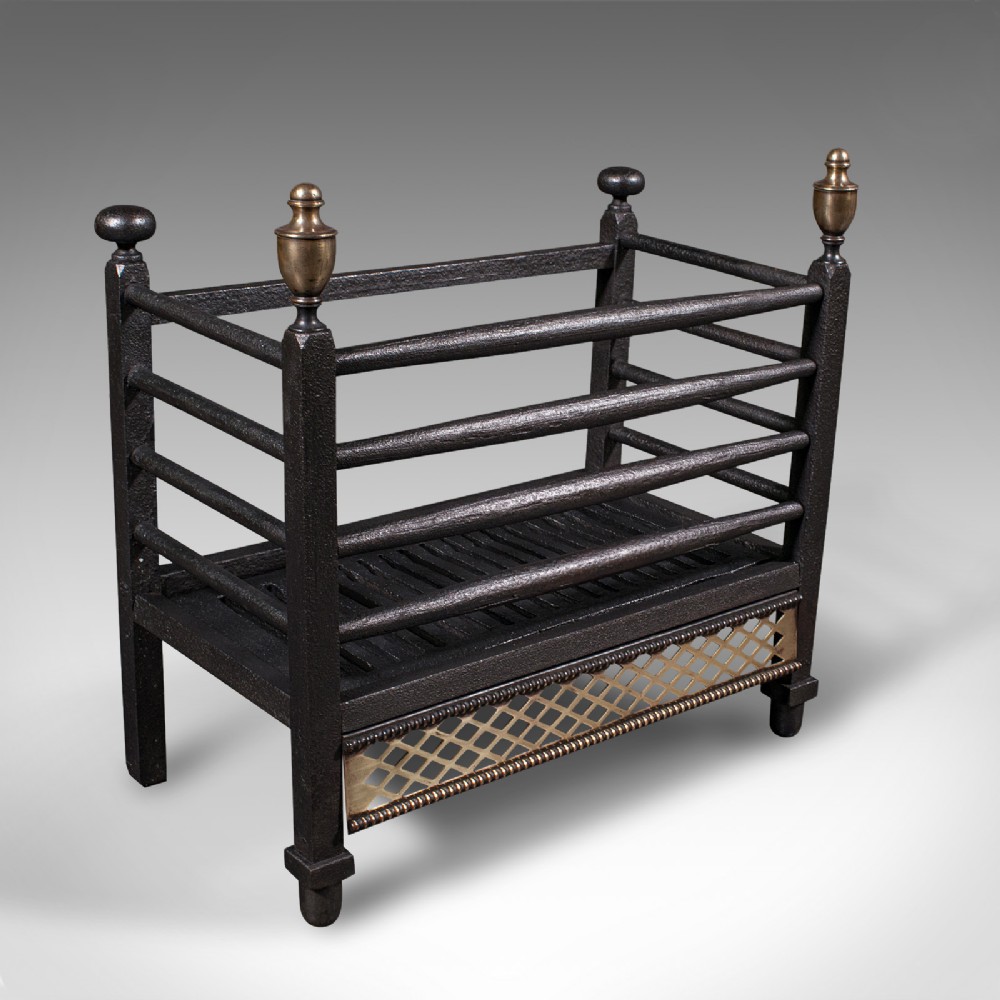 Antique Fire Basket, English, Cast Iron, Brass, Fireplace, Grate, Victorian