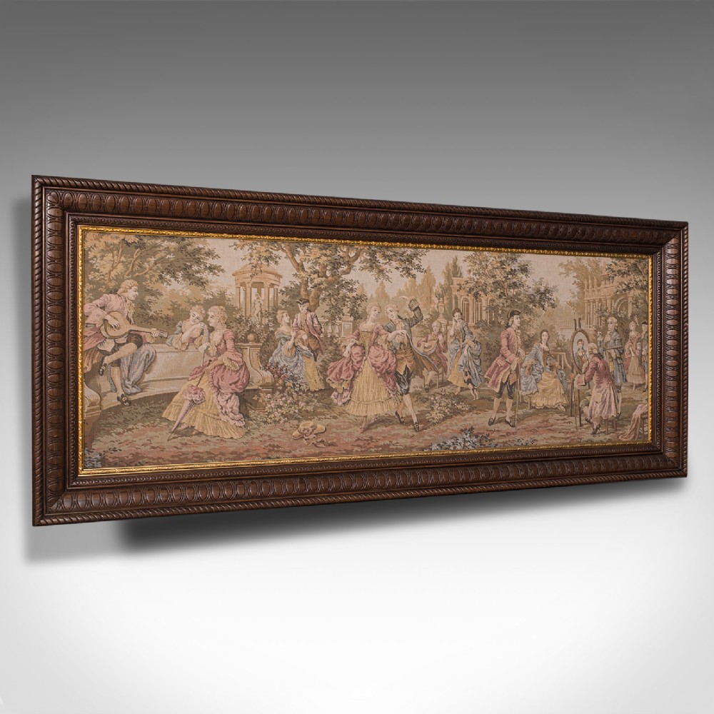 Antique 6' Wide Panorama Tapestry, French, Needlepoint, Wall, Framed, Edwardian