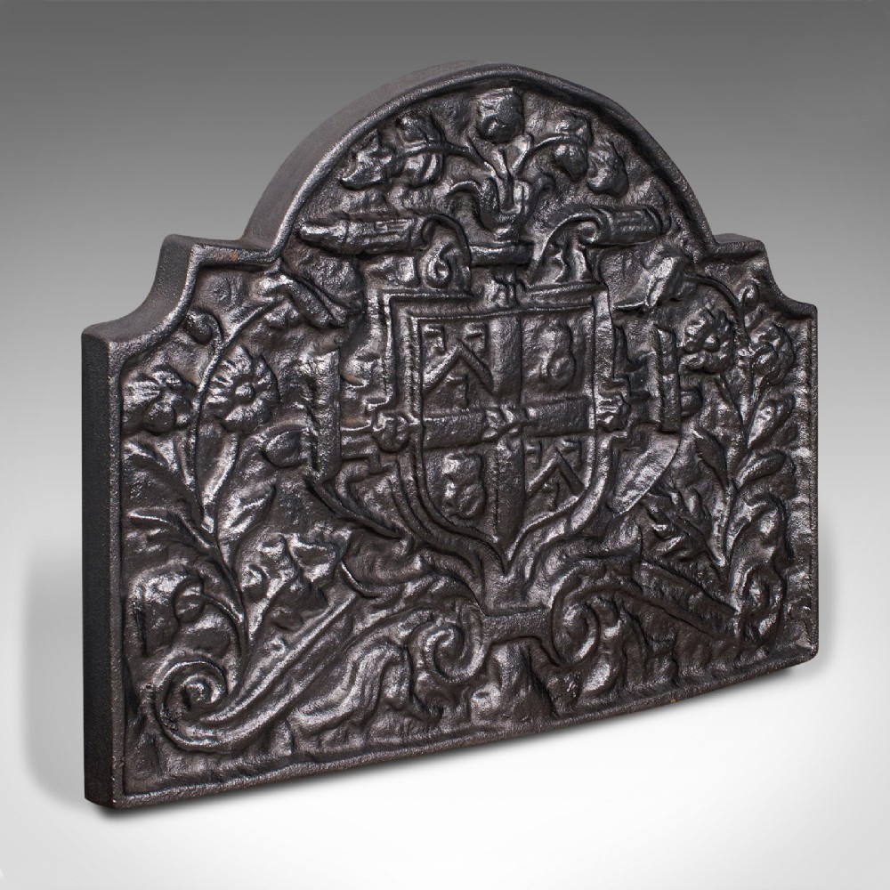 Antique Decorative Fireback, English, Cast Iron, Fireplace, Heraldic, Victorian