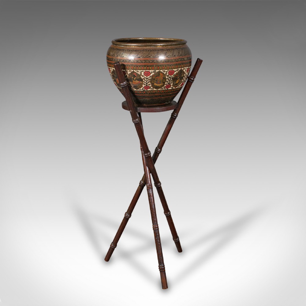 Antique Hand Etched Planter Stand, Colonial Indian, Brass Jardiniere, Victorian