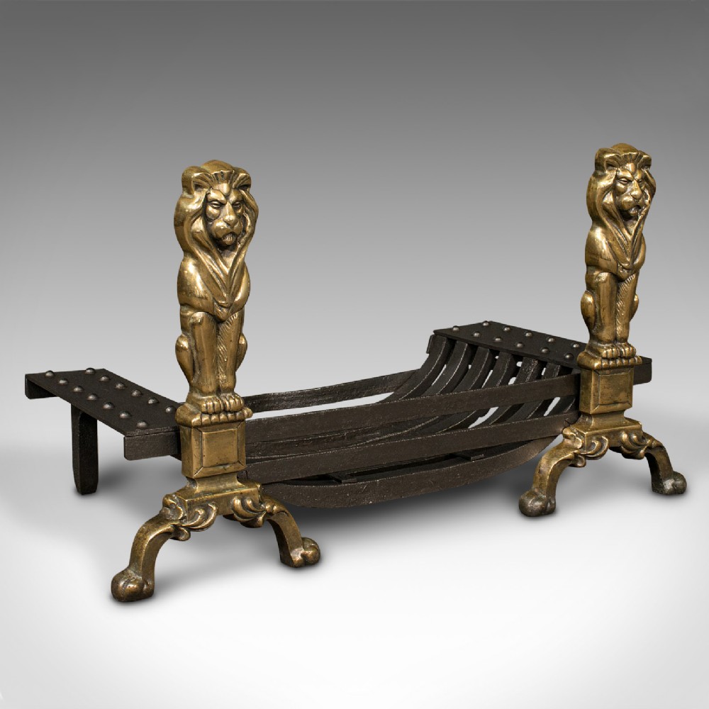 Antique Decorative Fire Basket, English, Cast Iron, Brass, Fireplace, Andirons