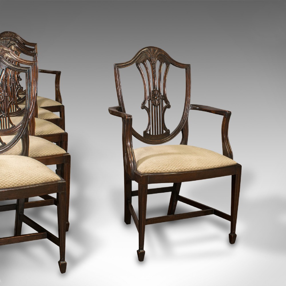 Set Of 6 Antique Hepplewhite Revival Chairs, English, Dining Suite, Victorian