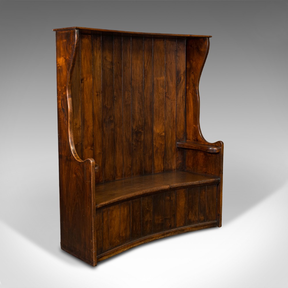 Large Antique Bow Form Settle, English, Elm, Oak, Bench Seat, Georgian, C.1750