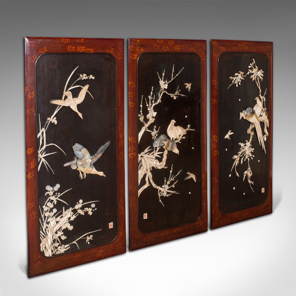 Trio Of Antique Shibayama Panels, Japanese Decorative Screen, Meiji Period, 1900
