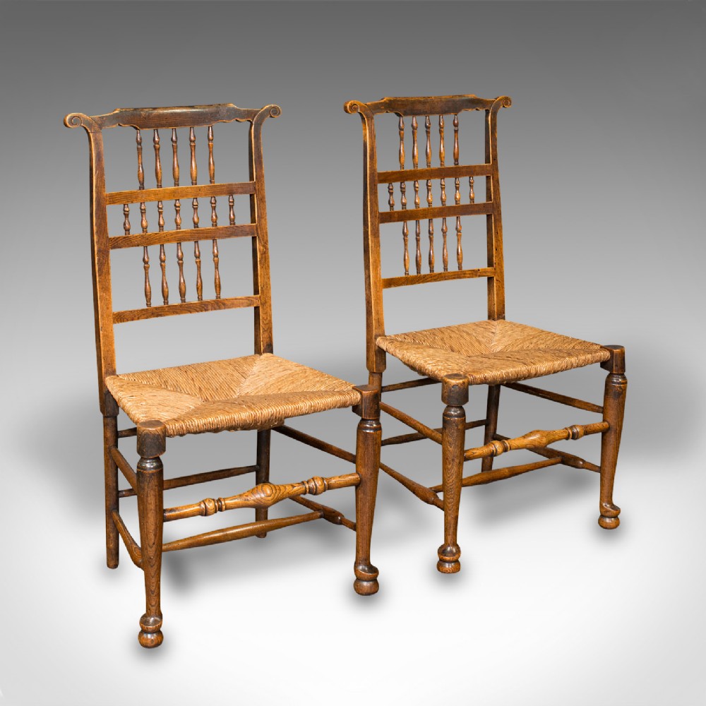Pair Of Antique Spindleback Rush Chairs, English, Hall, Lancashire, Victorian