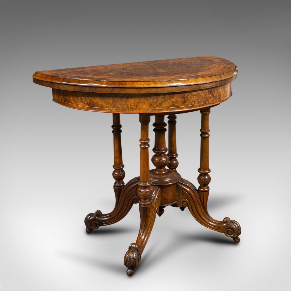 Antique Demi Lune Folding Card Table, English, Walnut, Games, Side, Victorian