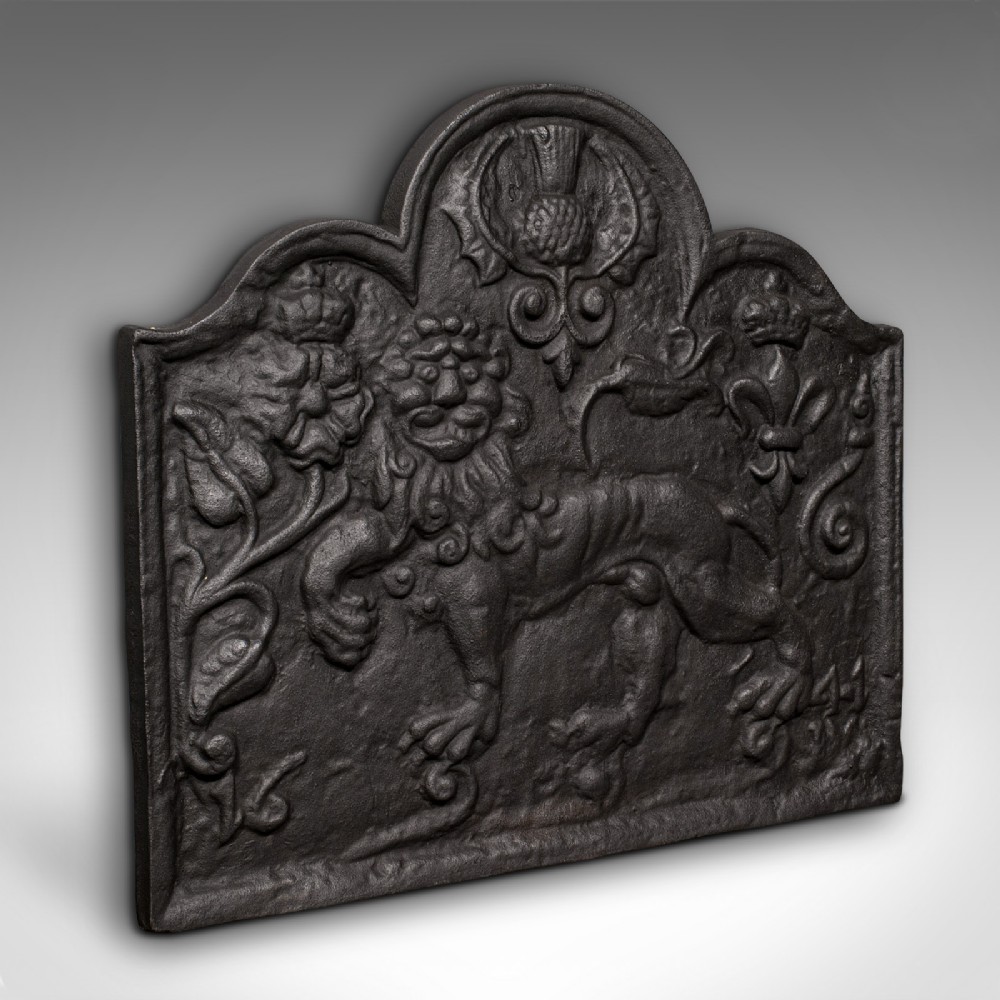 Antique Relief Fire Back, English, Iron, Fireplace, Carolean Revival, Victorian