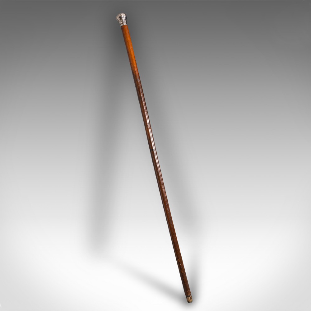 Antique Dandy's Walking Cane, English, Fruitwood Stick, Silver Handle, Victorian
