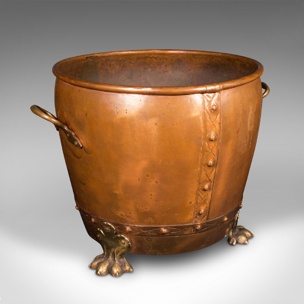 Antique Fireside Bin, English Copper, Brass, Coal, Log Bucket, Victorian, C.1880