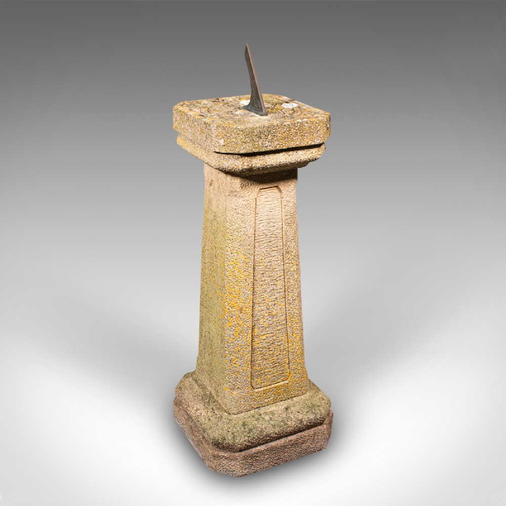 Antique Garden Sundial, English, Stone Pedestal, Bronze Gnomon, Decor, Edwardian