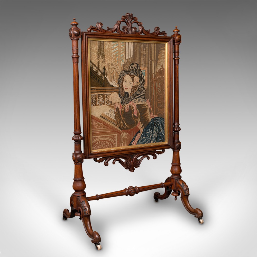 Antique Tapestry Fire Screen, English, Walnut, Needlepoint, Fireside, Victorian