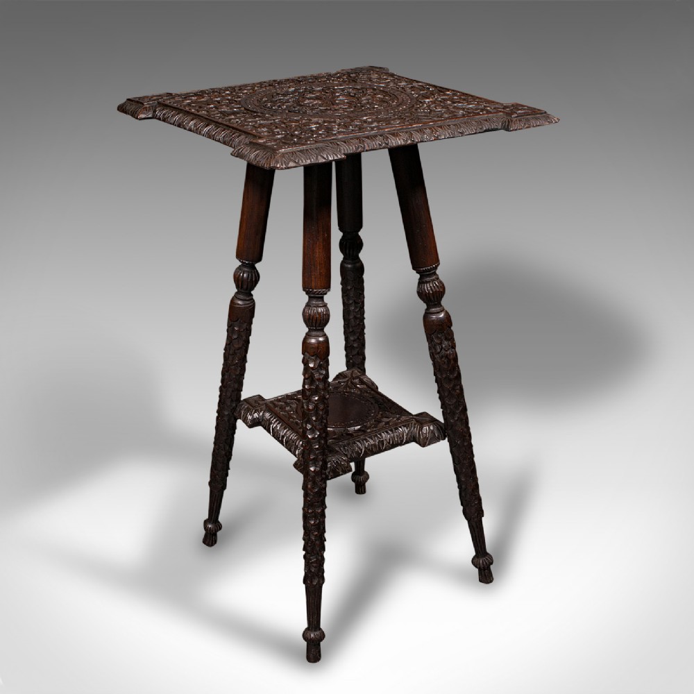Small Antique Lamp Table, Indian, Carved Teak, Decorative, Occasional, Victorian