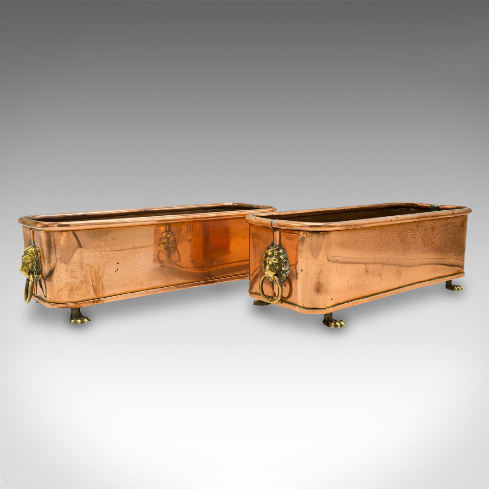 Pair Of Antique Windowsill Planters, English Copper, Jardiniere, Victorian, 1850