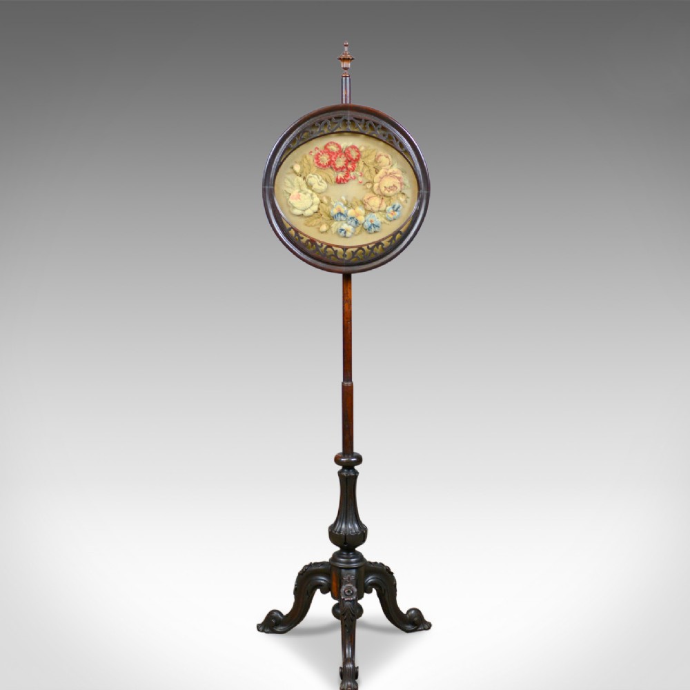 Antique Pole Screen, English, Regency, Fire Screen, Rosewood, Crewelwork c.1820