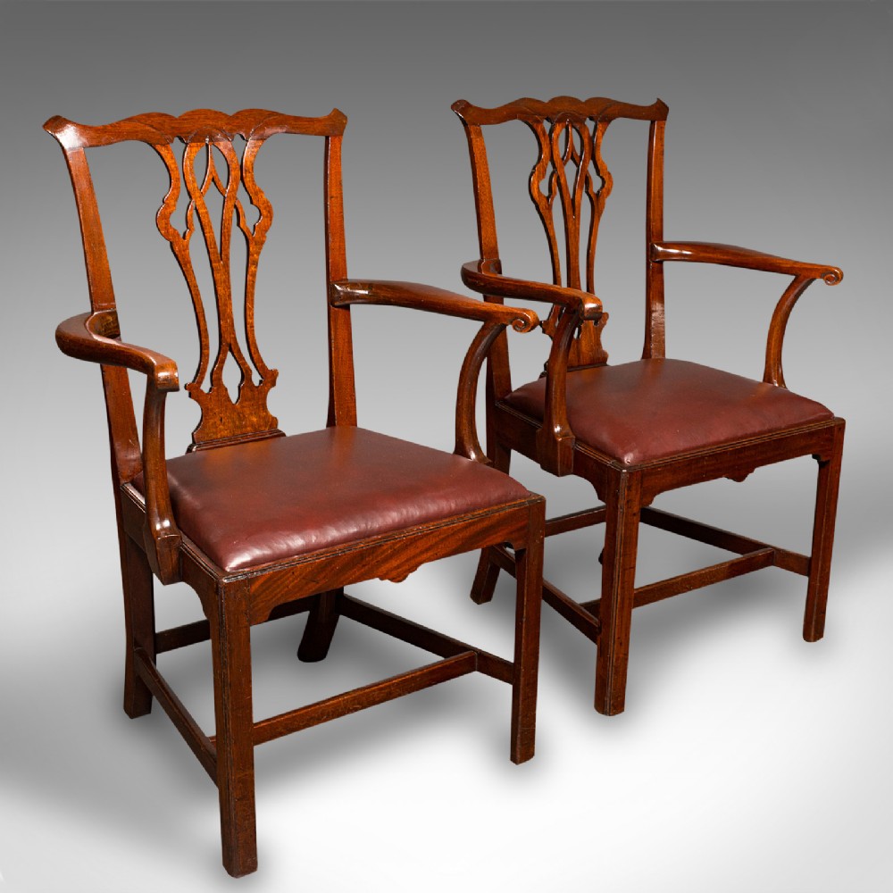 Pair Of Antique Carver Chairs, English, Elbow Seat, Chippendale Taste, Georgian