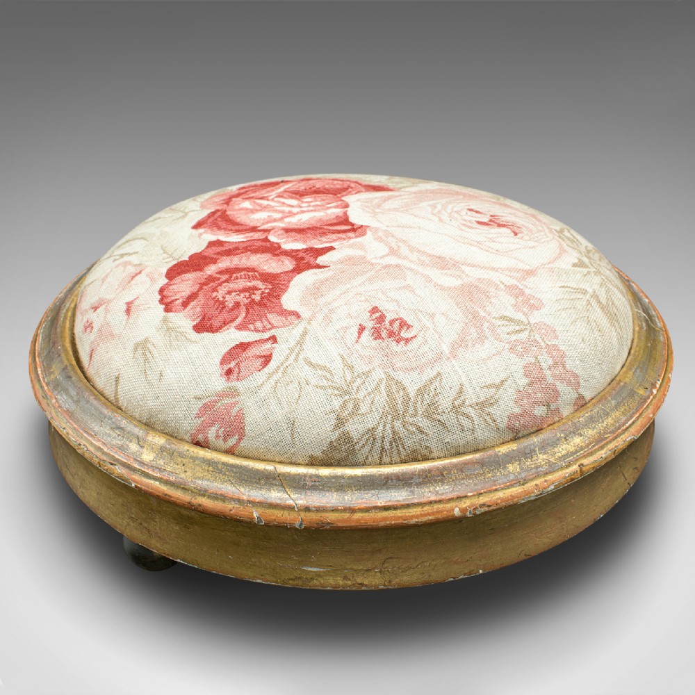 Antique Padded Footstool, English, Giltwood, Lounge Stool, Regency, Circa 1820