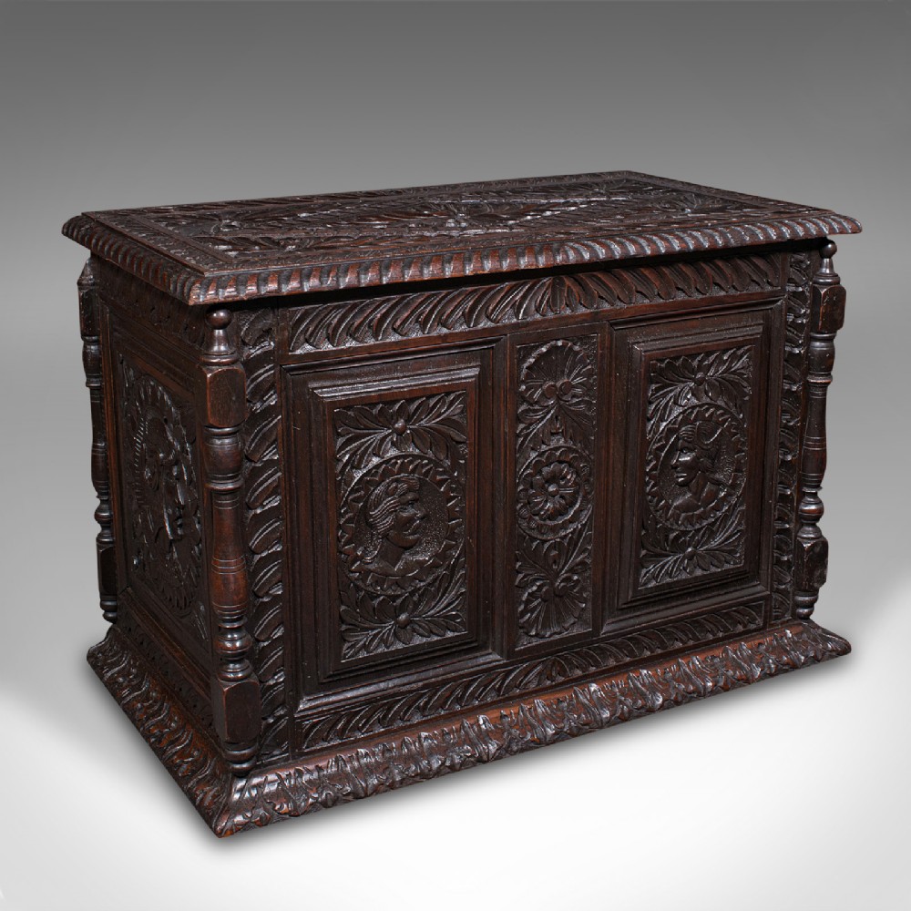 Small Antique Carved Coffer, English Oak, Gothic Revival, Blanket Box, Victorian