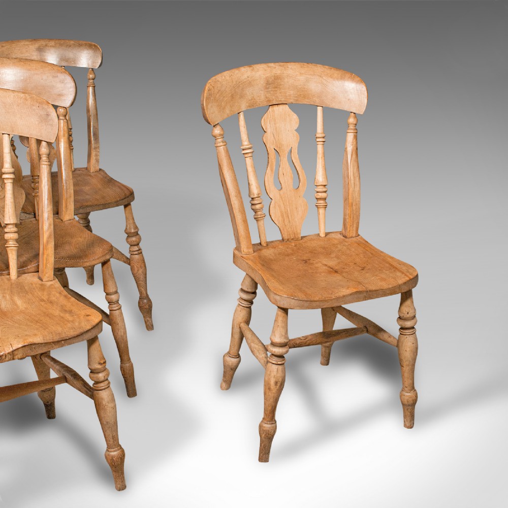Set Of 4 Antique Dining Chairs, English Elm, Beech, Kitchen, Reception Hall Seat