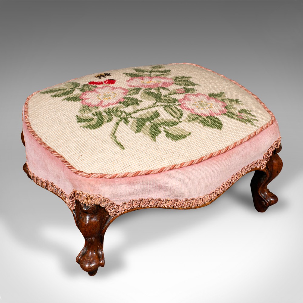 Small Antique Footstool, English, Walnut, Low Fireside Footrest, Early Victorian
