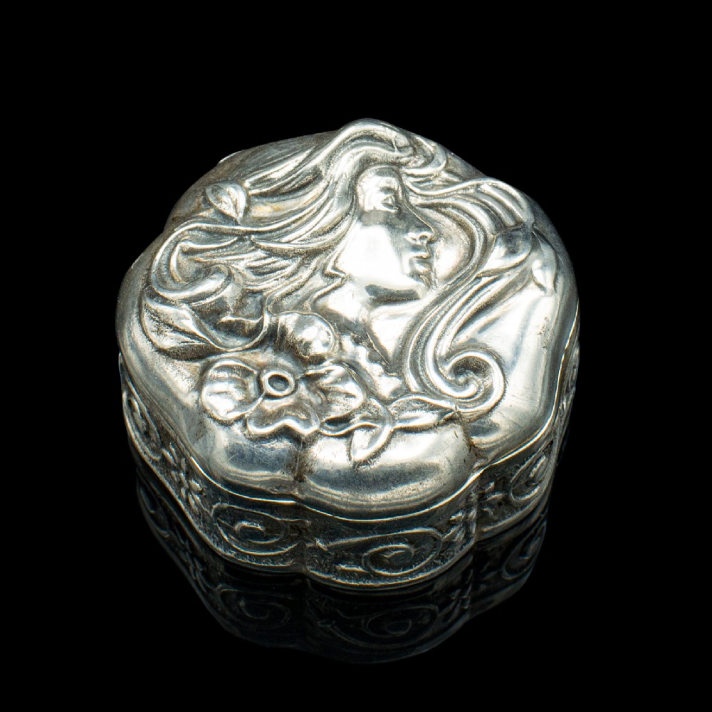 Small Antique Art Nouveau Pill Box, Continental, Silver, Pocket Case, Victorian