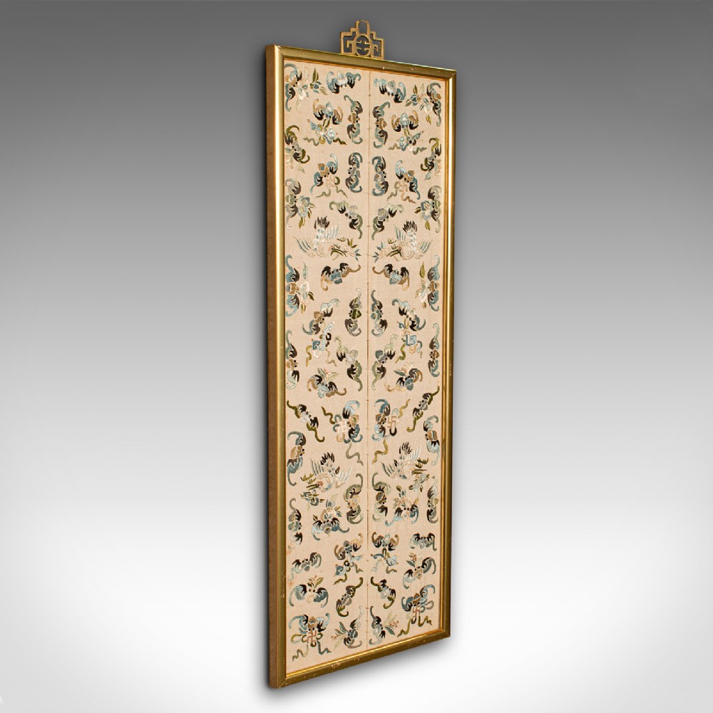 Antique Decorative Panel, Chinese, Framed, Silk Cotton, Embroidered, Victorian