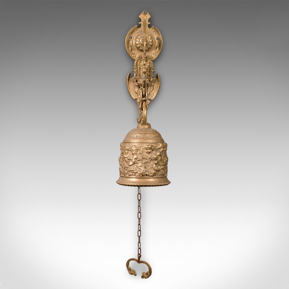 Antique School Bell, Continental, Brass, Wall Mounted Chime, Ornate, Victorian