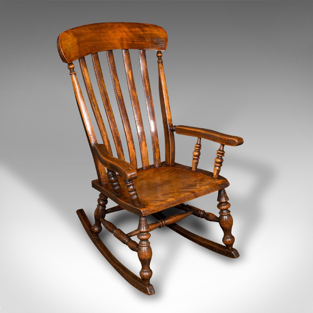 Antique Lath Back Rocking Chair, English Elm, Beech, Elbow Seat, Victorian, 1880