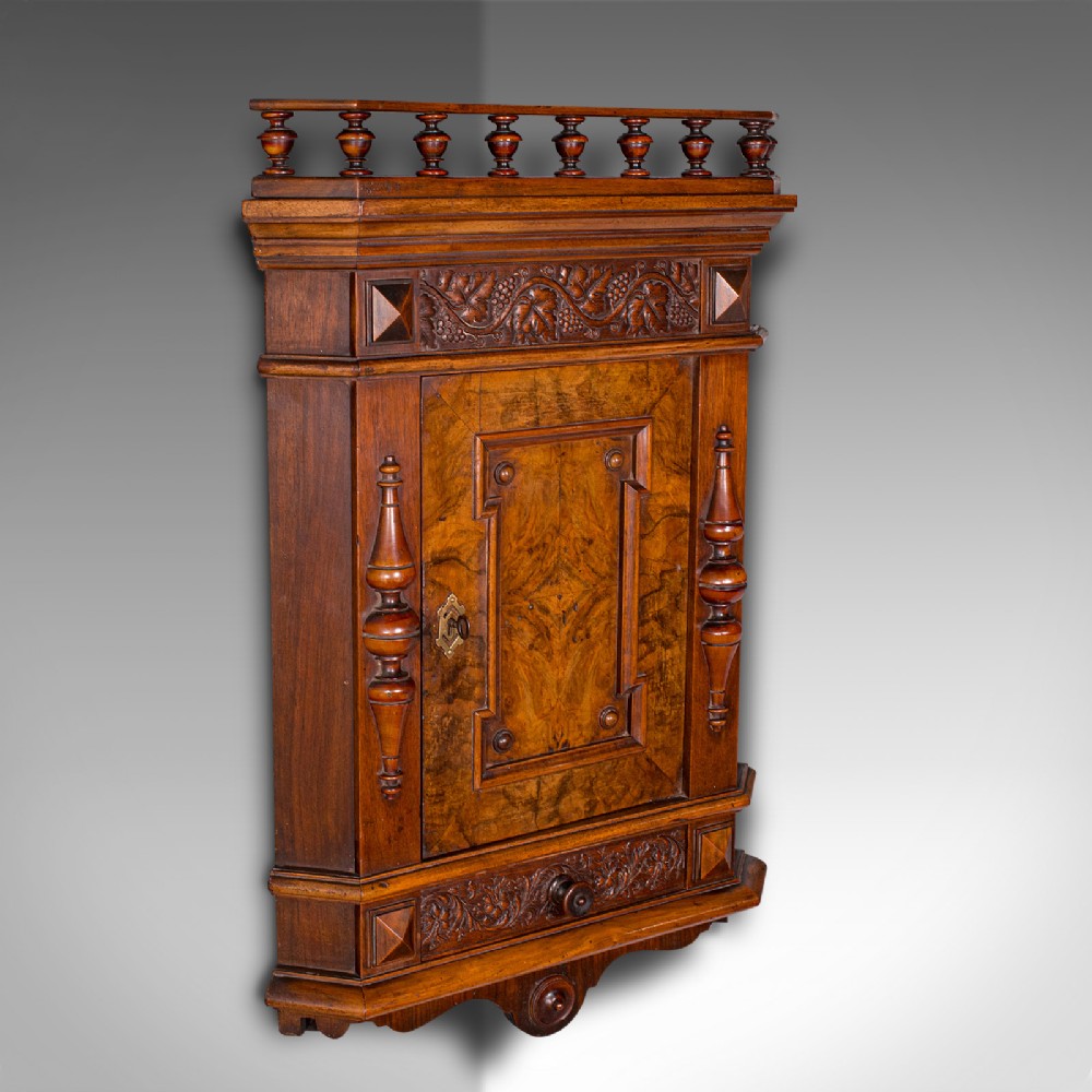 Small Antique Corner Wall Cupboard, Italian, Walnut, Cabinet, Victorian, C.1900