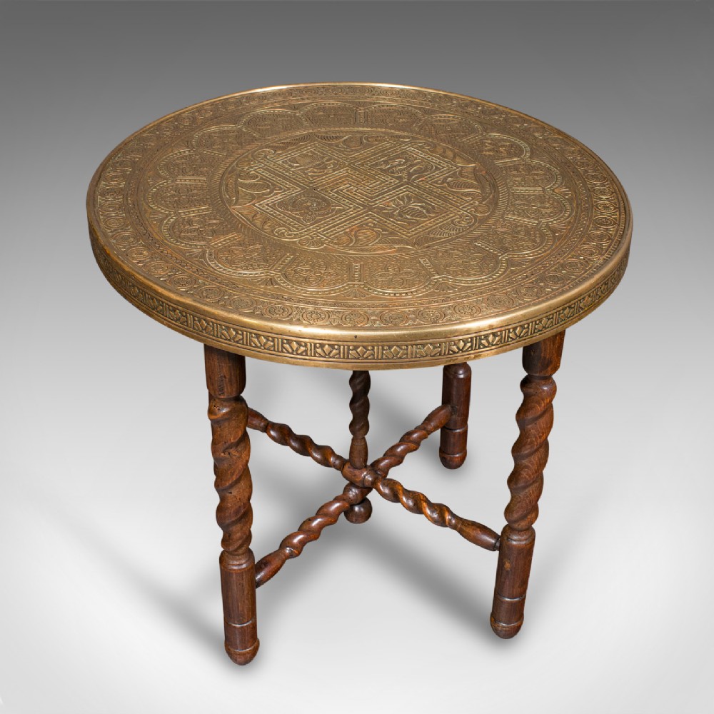Antique Campaign Tea Table, Middle Eastern, Brass, Berber, Folding, Victorian