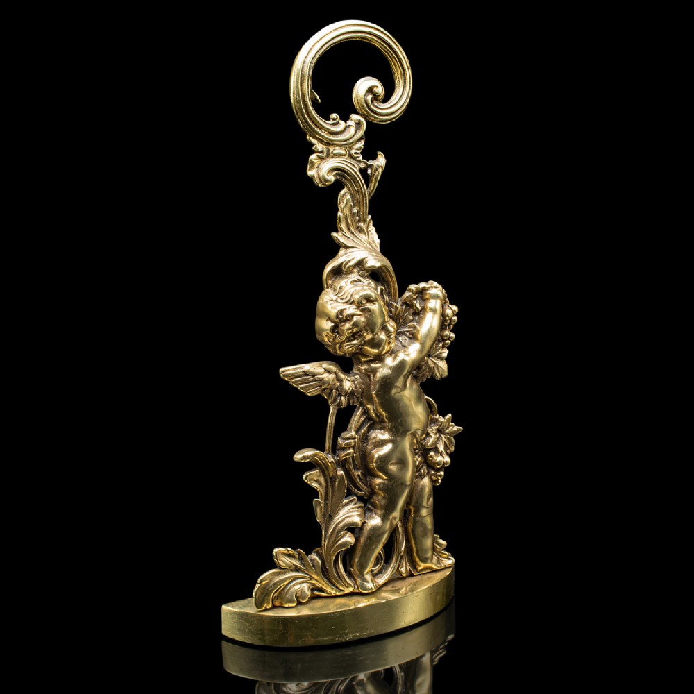 Antique Putto Doorstop, English, Brass, Cherub, Door Keeper, Victorian, C.1900