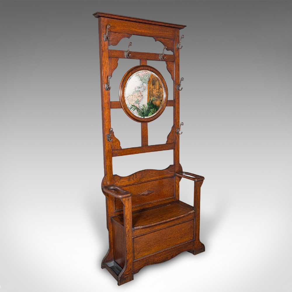 Tall Antique Seated Coat Stand, English Oak, Hall Rack, Velvet Mirror, Edwardian