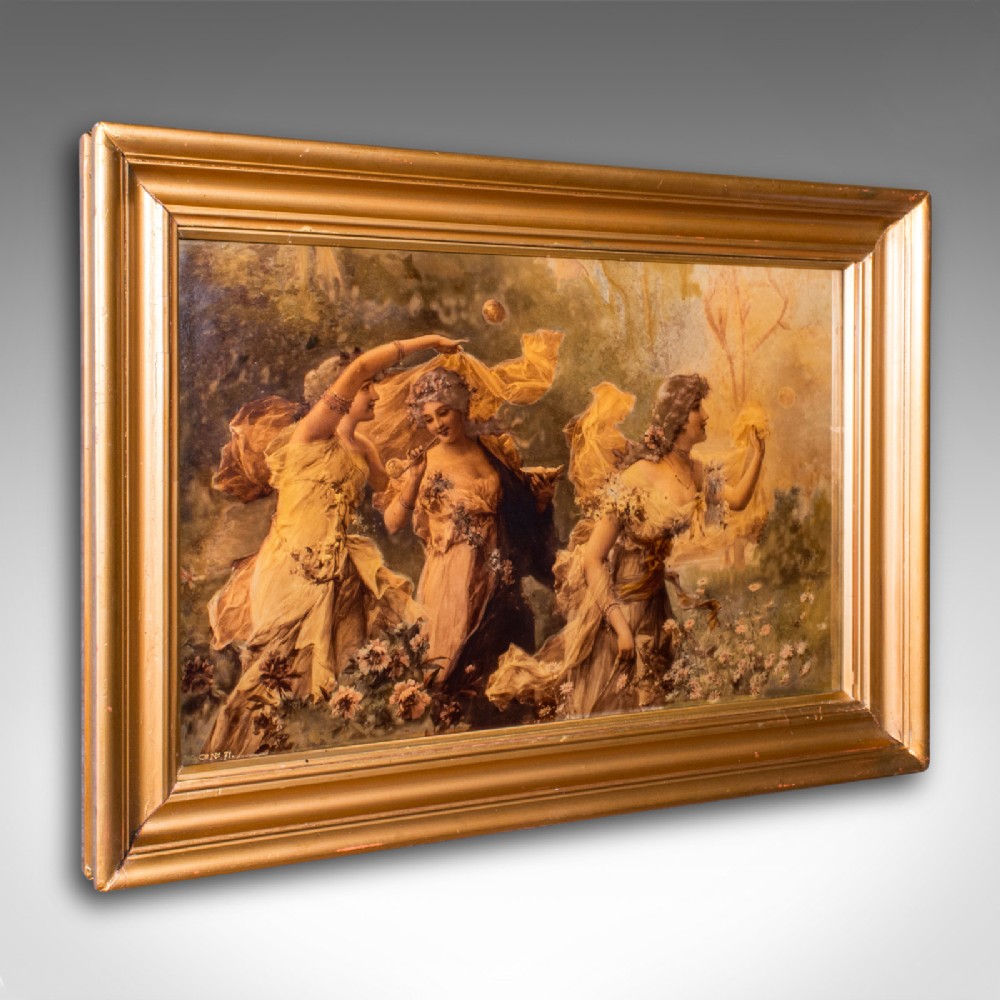 An antique Victorian crystoleum picture featuring three figures in classical attire outdoors, housed within a moulded gilded frame.