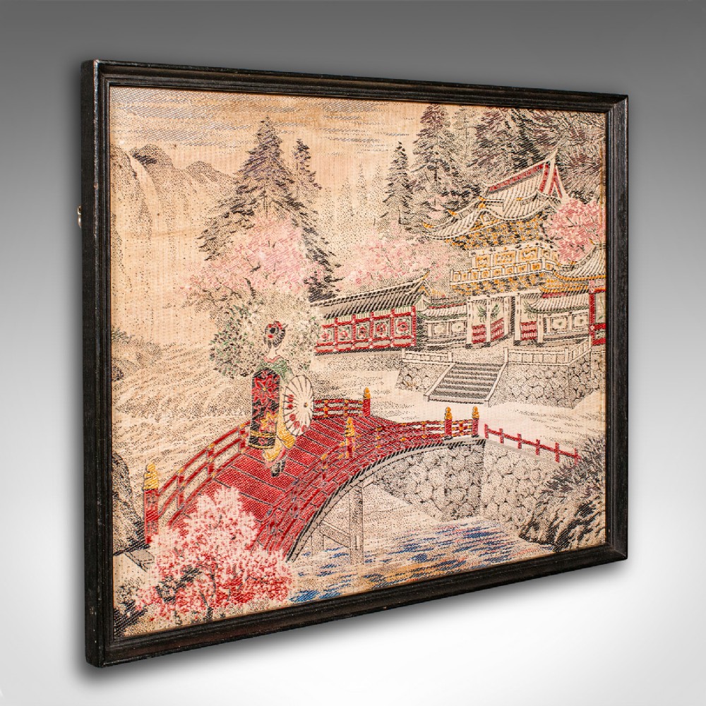 Antique Embroidered Landscape Scene, Japanese Needlepoint Panel, Victorian Art